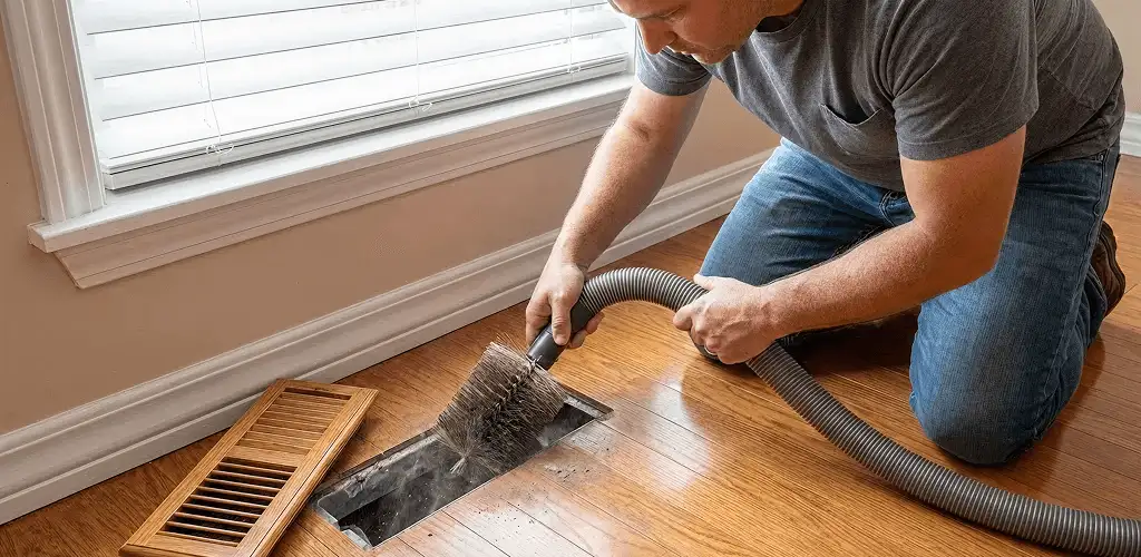 Air duct cleaning technician vacuuming a floor vent and duct opening in Tucson, AZ