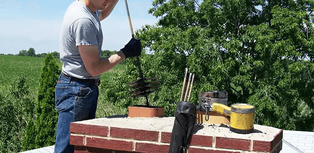 Chimney cleaning technician working on a rooftop chimney with professional tools in Tucson, AZ