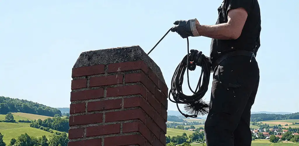 Chimney sweep inspecting and cleaning a rooftop chimney in Tucson, AZ