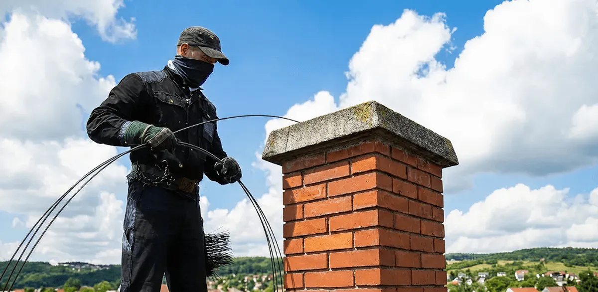 Chimney sweep cleaning a brick chimney with professional tools in Tucson, AZ