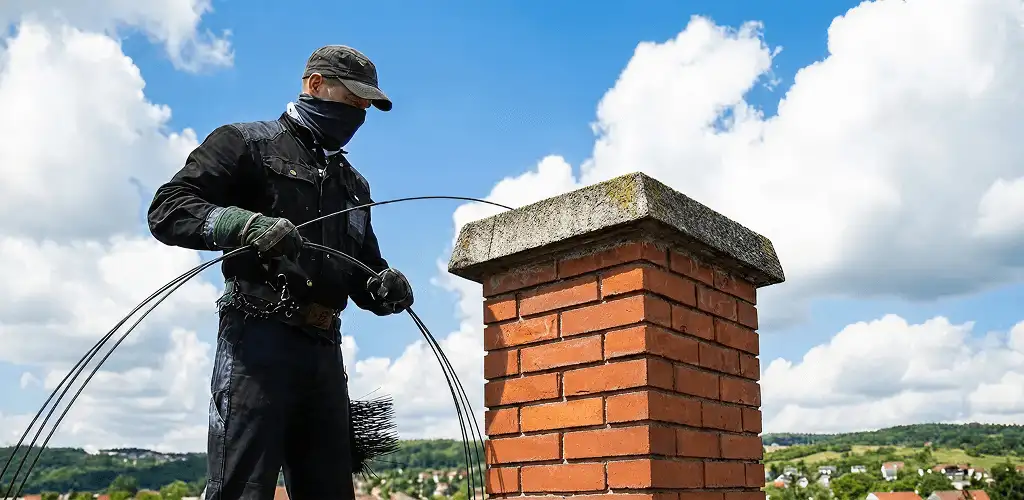 Chimney sweep cleaning a brick chimney with professional tools in Tucson, AZ