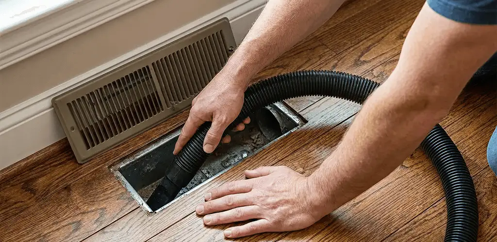 Air duct cleaning technician vacuuming a floor register and duct opening in Tucson, AZ