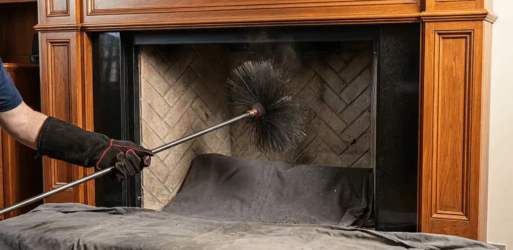 Chimney cleaning service brushing soot from a fireplace and flue in Tucson, AZ