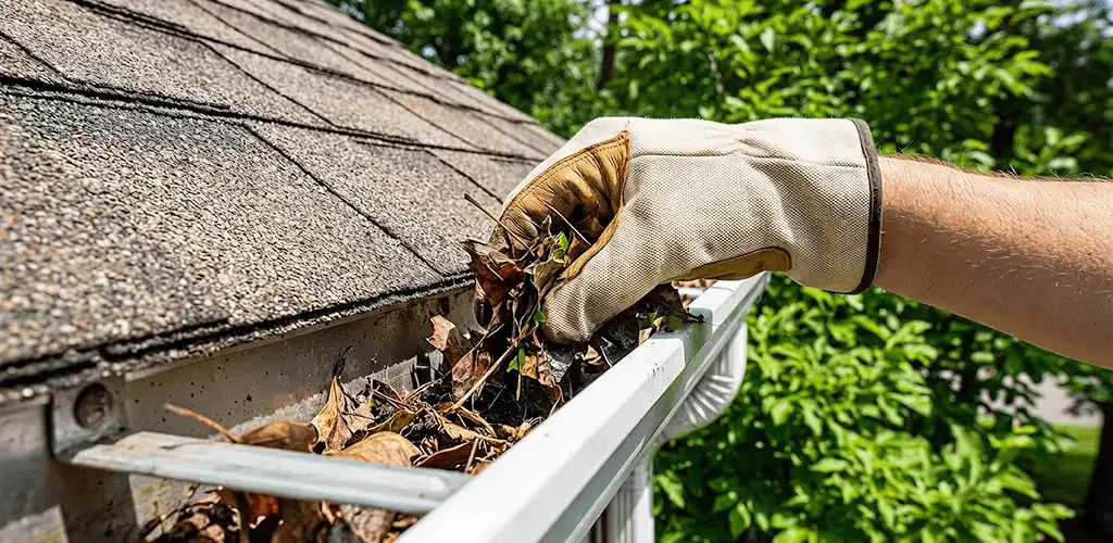 Gutter cleaning removing leaves and debris from roof gutters in Tucson, AZ