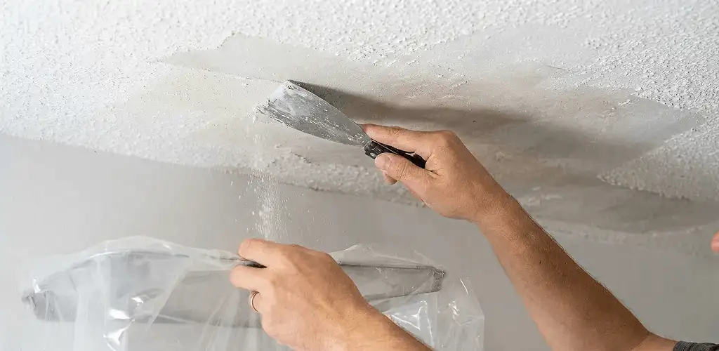 Popcorn ceiling removal technician scraping texture from a ceiling in Tucson, AZ