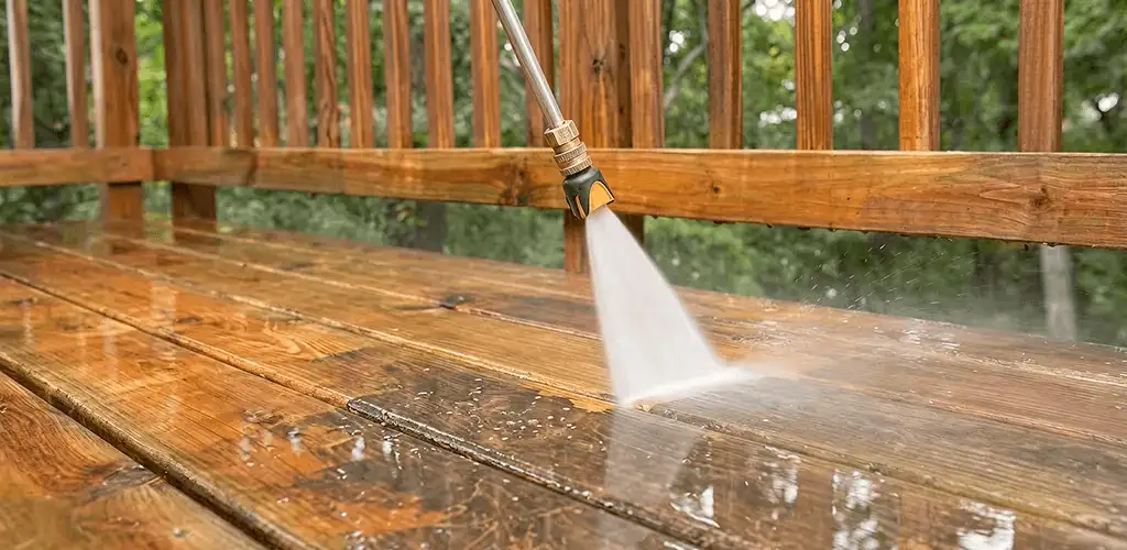 Pressure washing a wood deck to remove dirt and buildup in Tucson, AZ