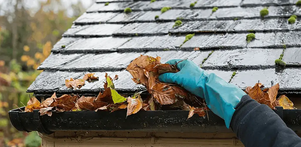 Gutter cleaning technician clearing wet leaves from roof gutters in Tucson, AZ