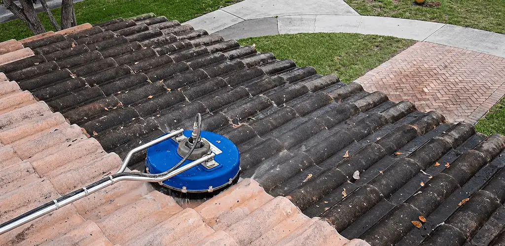 Roof pressure cleaning removing debris and buildup from roof tiles in Tucson, AZ