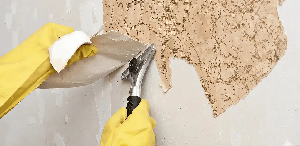 Wallpaper removal service stripping old wallpaper from a wall in Tucson, AZ