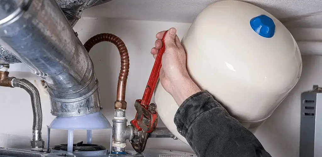 Water heater repair technician tightening plumbing connections near a tank unit in Tucson, AZ