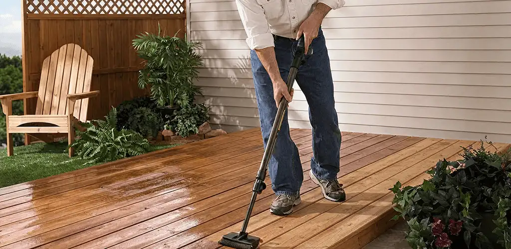 Deck staining service applying stain to a backyard wood deck in Tucson, AZ